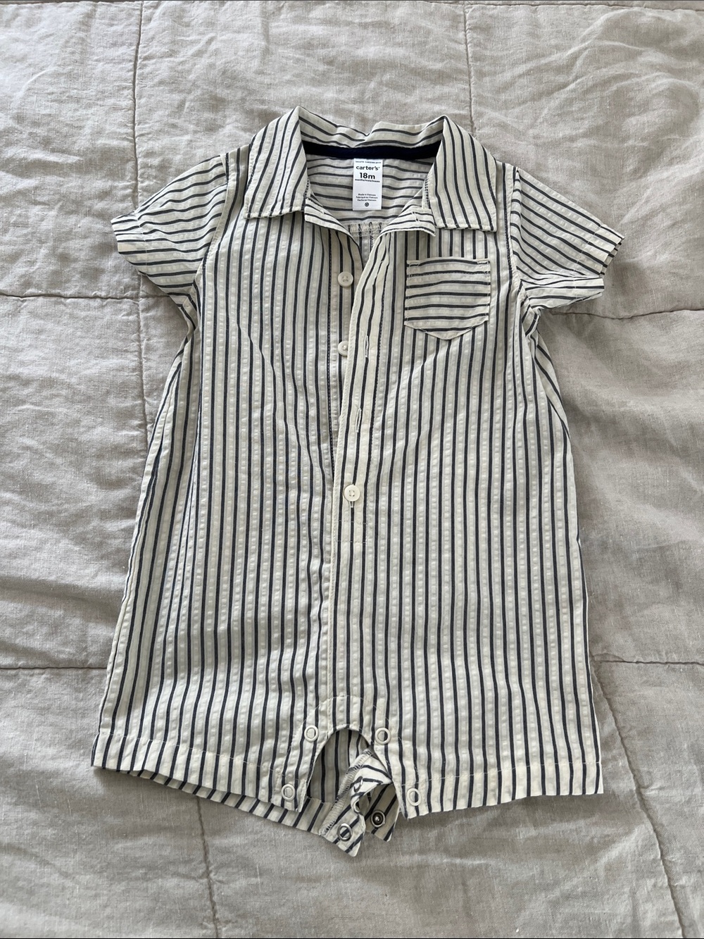 Carter's Cream and Navy Pinstripe Short-Sleeve One-Piece
